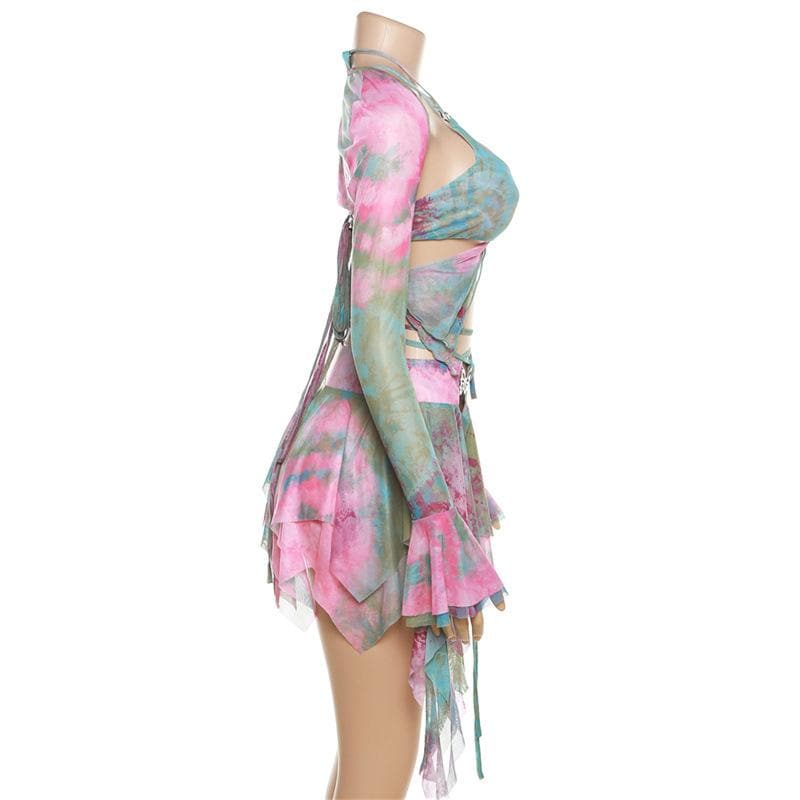 Flared sleeve tie dye o ring self tie halter low cut mini skirt set - Seldom Seen Styles