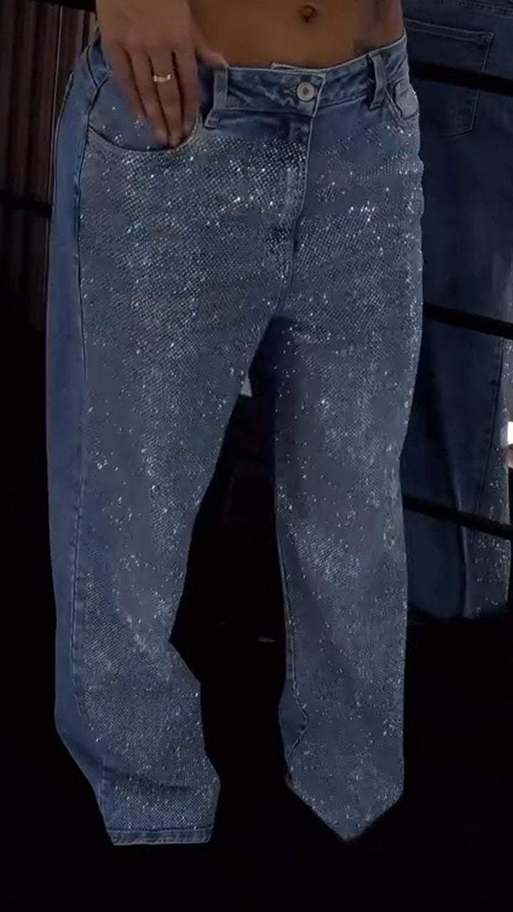 Women's Single-sided Rhinestone Wide-leg Casual Jeans - Seldom Seen Styles