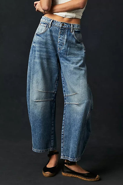 Fashion Casual Women's Loose Wide-leg Pants Mid-low Waist Washed Denim Trousers