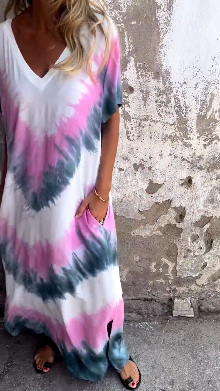 Tie-dye V-neck Long Comfortable Dress - Seldom Seen Styles