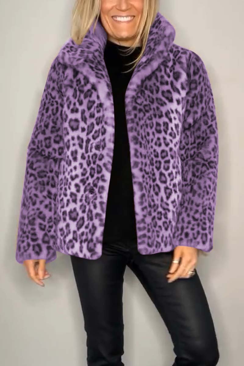 Women's Fashionable Leopard Print Lapel Faux Fur Winter Short Coat - Seldom Seen Styles