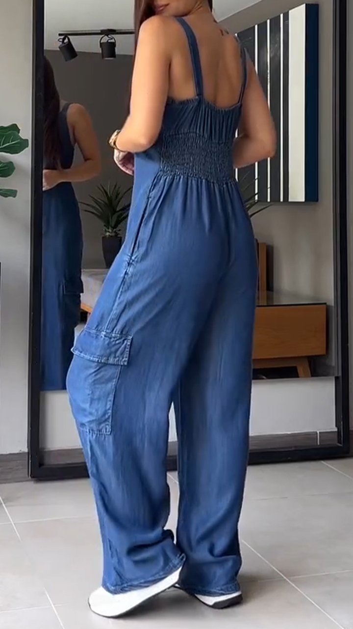 Thin Denim Cargo Pocket V-neck Jumpsuit - Seldom Seen Styles