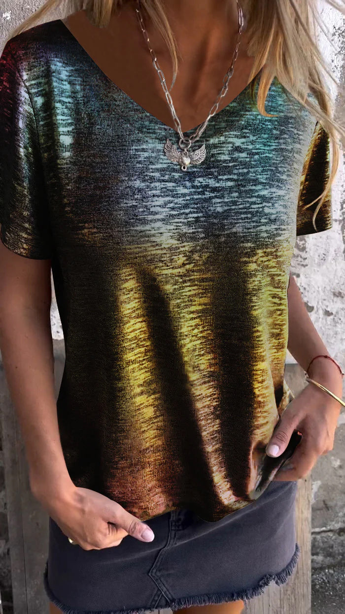 Hot Stamping Round Neck Short-sleeved V Neck T-shirt - Seldom Seen Styles