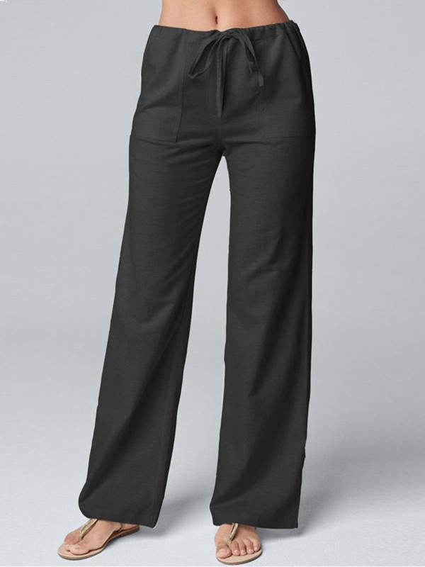 Solid color loose lace-up cotton hemp straight leg casual pants - Seldom Seen Styles