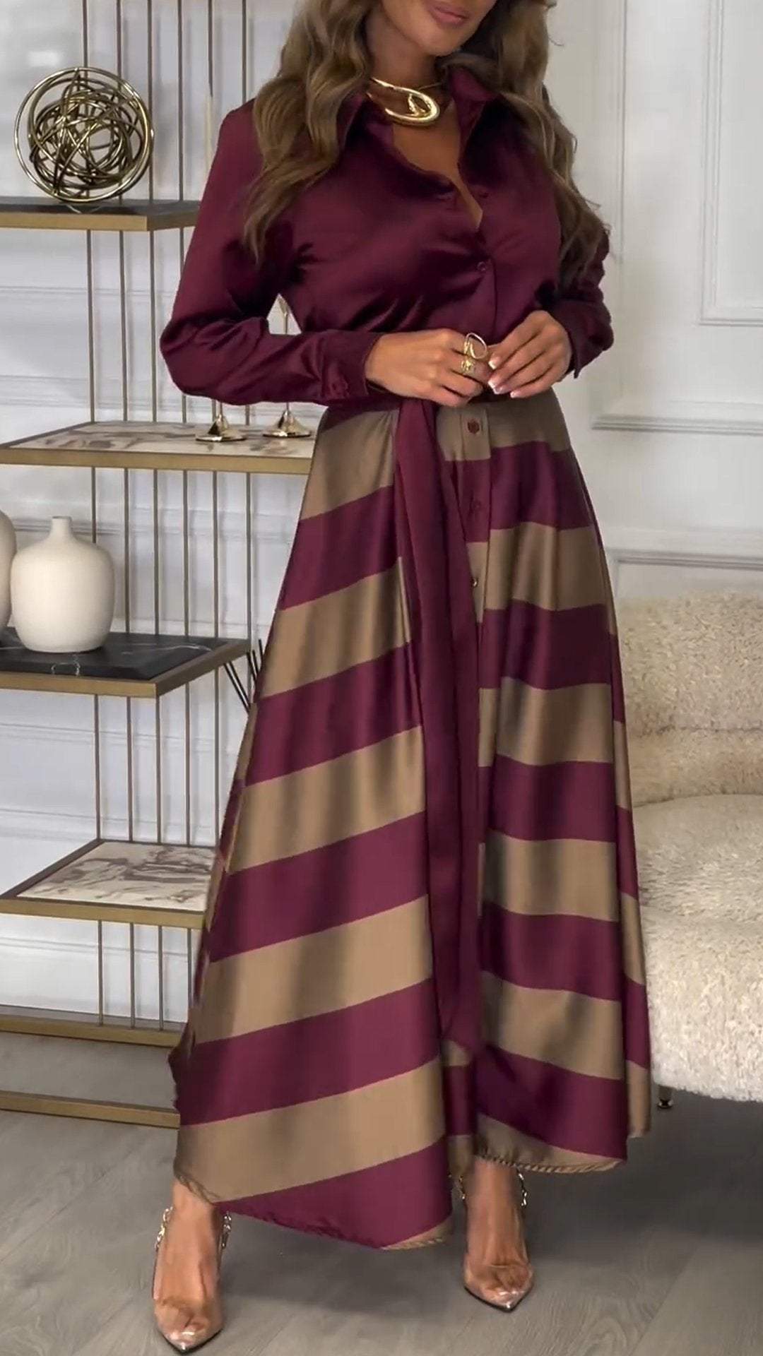 Women's Lapel Long Sleeve Striped Stitching Temperament Dress - Seldom Seen Styles
