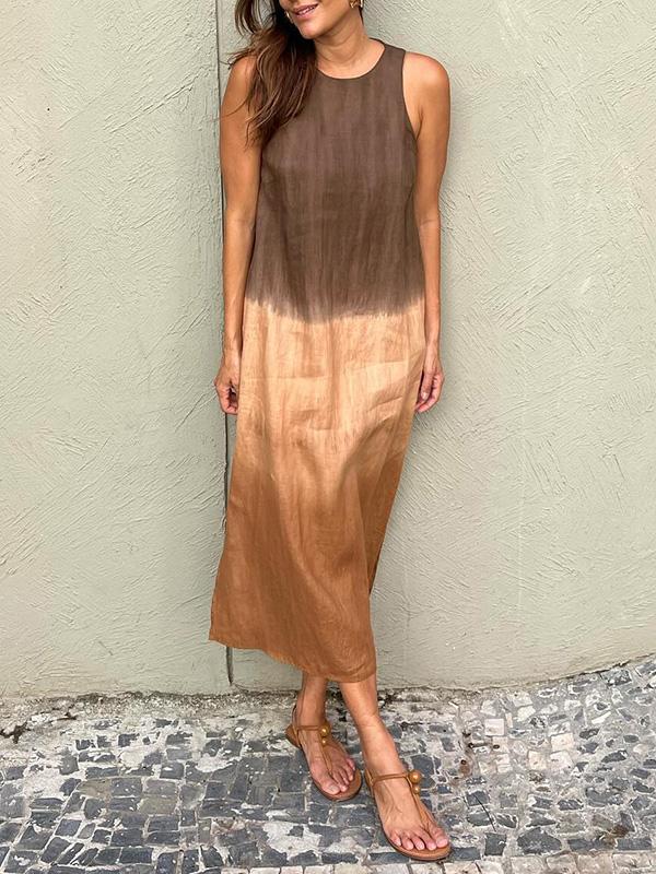 Casual cotton and linen slit gradient tie-dye long dress - Seldom Seen Styles