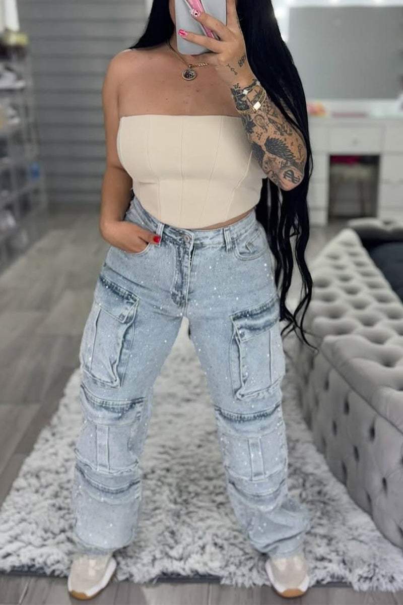 Women's Multi-pocket Rhinestone Casual Jeans - Seldom Seen Styles