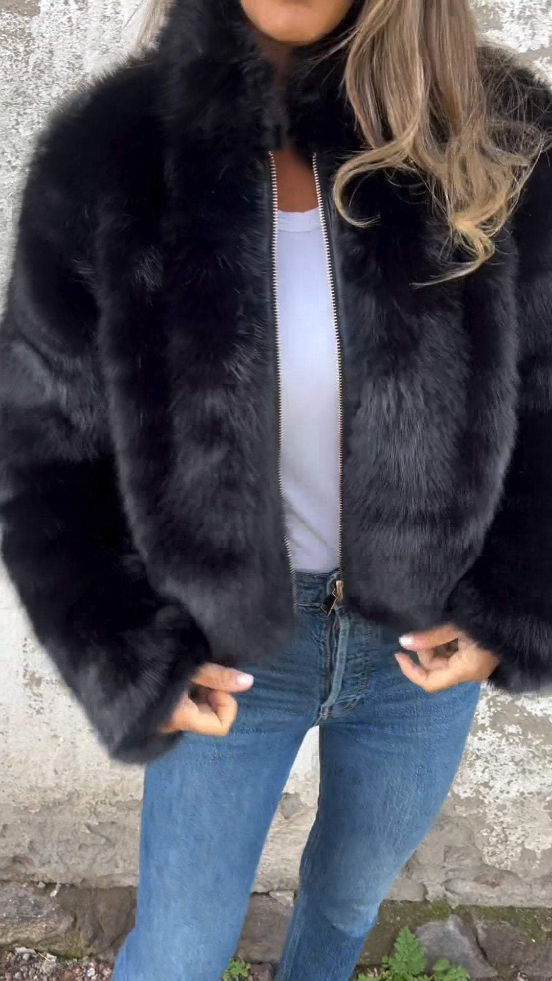 Women's High Collar Fur Zipper Casual Jacket - Seldom Seen Styles