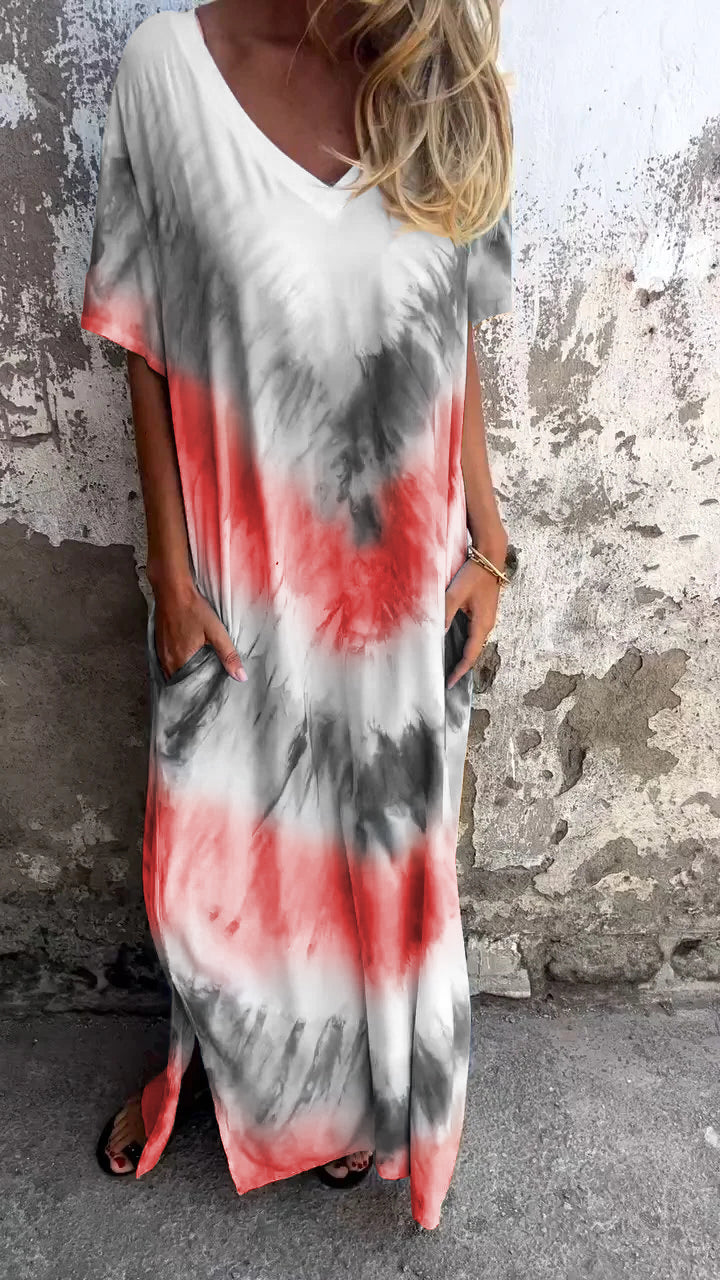 Tie-dye V-neck Long Comfortable Dress - Seldom Seen Styles
