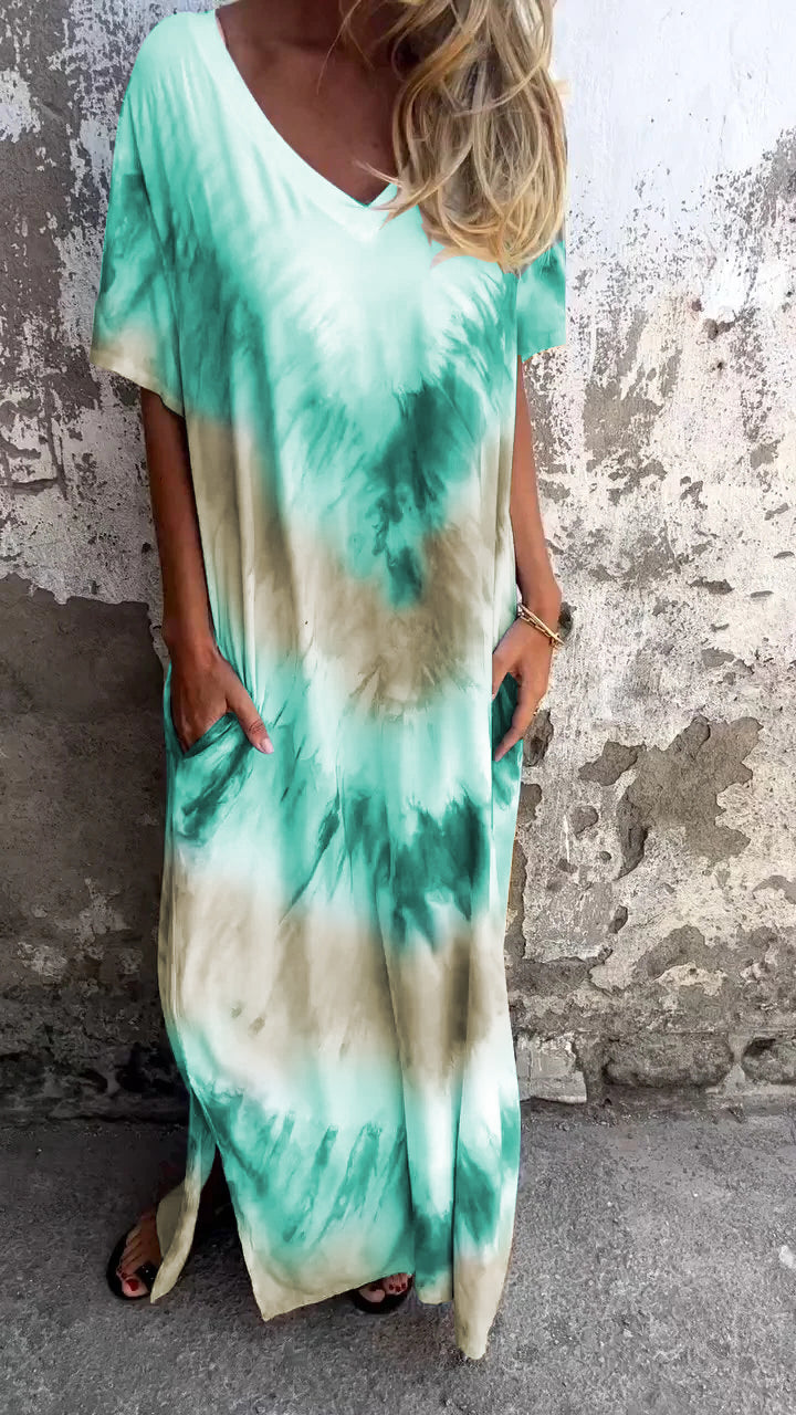 Tie-dye V-neck Long Comfortable Dress - Seldom Seen Styles
