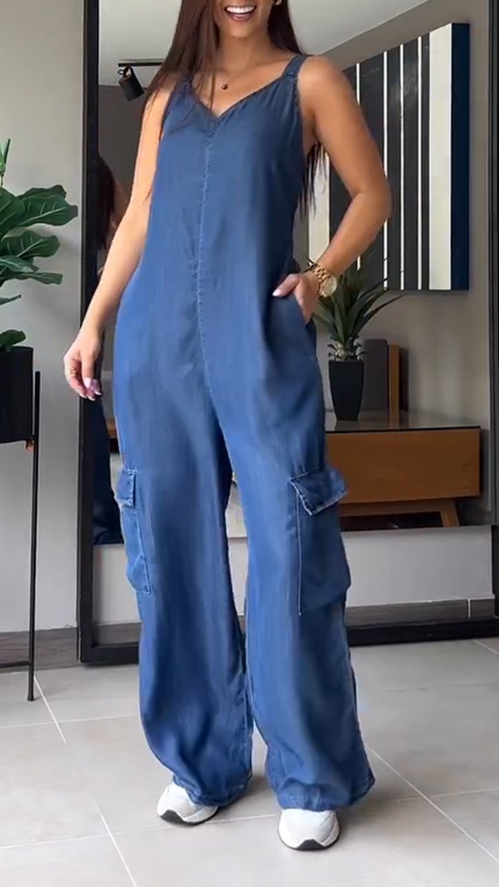 Thin Denim Cargo Pocket V-neck Jumpsuit - Seldom Seen Styles