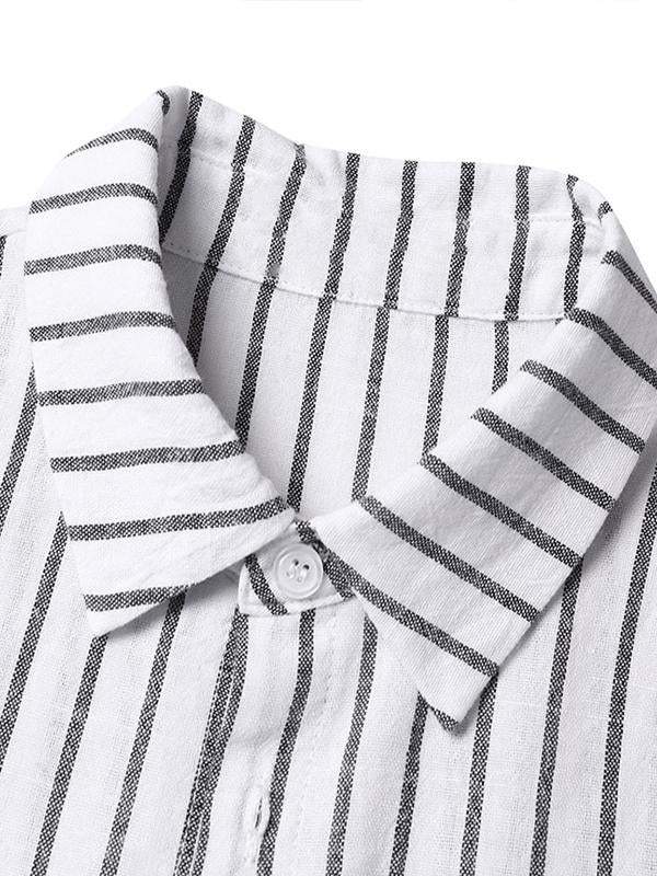 Women's Striped Cotton Linen Polo Collar Long-sleeved Shirt Dress - Seldom Seen Styles
