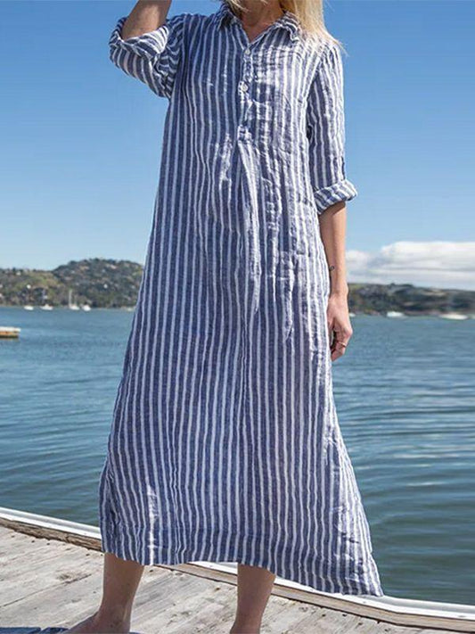 Women's Striped Cotton Linen Polo Collar Long-sleeved Shirt Dress - Seldom Seen Styles