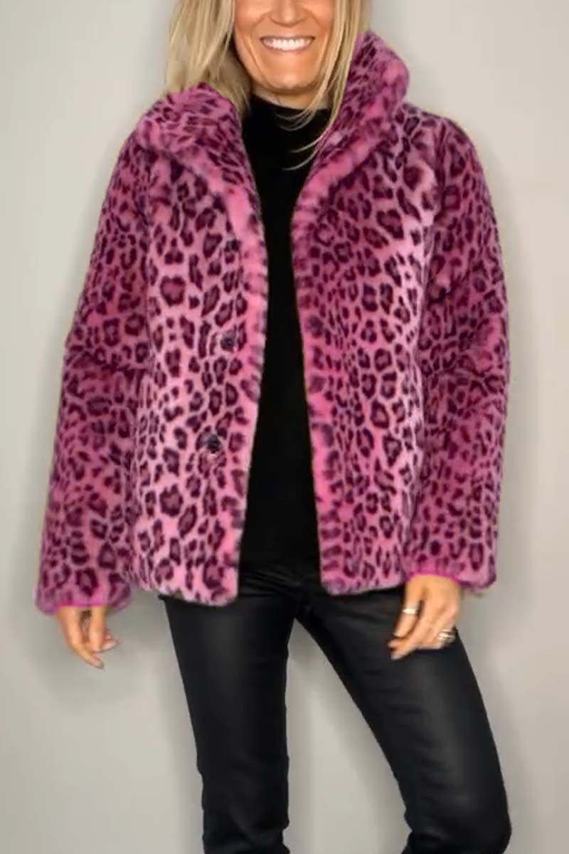Women's Fashionable Leopard Print Lapel Faux Fur Winter Short Coat - Seldom Seen Styles