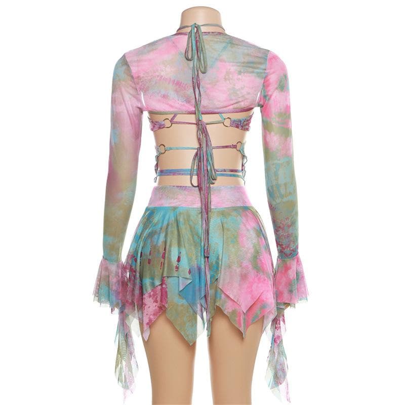 Flared sleeve tie dye o ring self tie halter low cut mini skirt set - Seldom Seen Styles