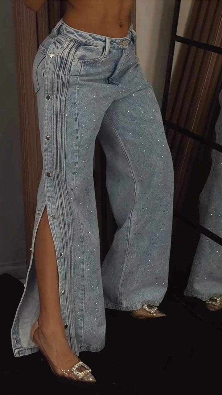 Women's Button-down Rhinestone Fashion Jeans - Seldom Seen Styles