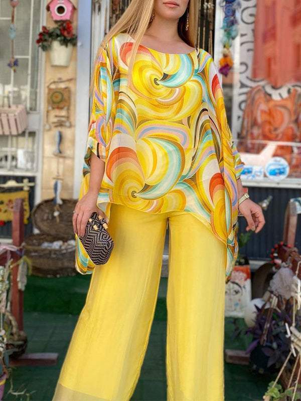 Women Colorful Chiffon Set Summer Casual Crew Neck Printed Two Piece Suit - Seldom Seen Styles