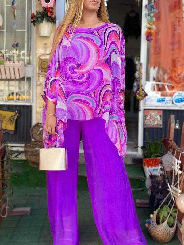 Women Colorful Chiffon Set Summer Casual Crew Neck Printed Two Piece Suit - Seldom Seen Styles