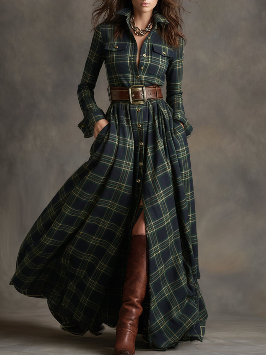 Retro Ethnic Style Lapel Reddish Brown Plaid Maxi Dress - Seldom Seen Styles