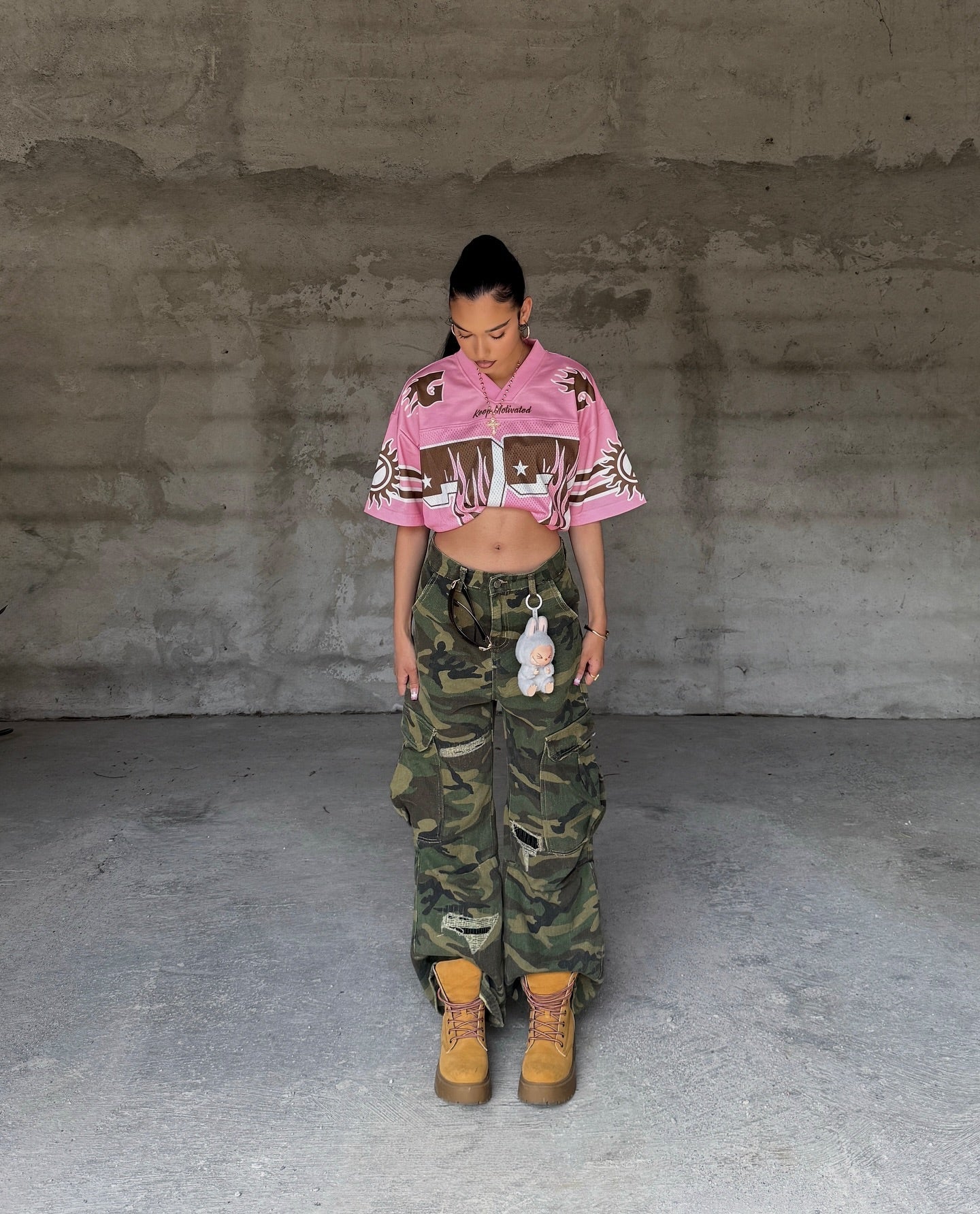 Ripped Camouflage Flared Cargo Pants - 2410 