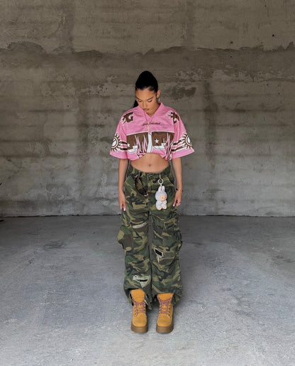 Ripped Camouflage Flared Cargo Pants - 2410 