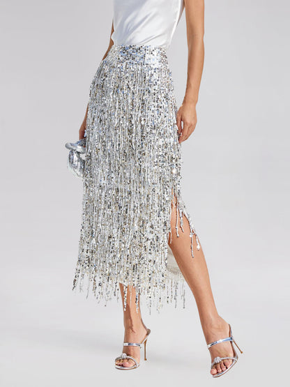 Tassel Sequin Midi Skirt