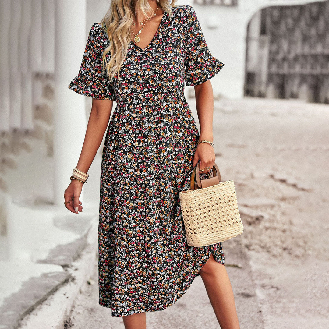 Lauren | Women's V-Neck Ruffle Sleeve Midi Dress - Seldom Seen Styles