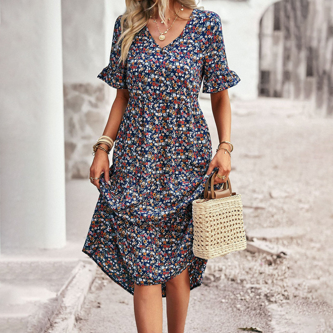 Lauren | Women's V-Neck Ruffle Sleeve Midi Dress - Seldom Seen Styles