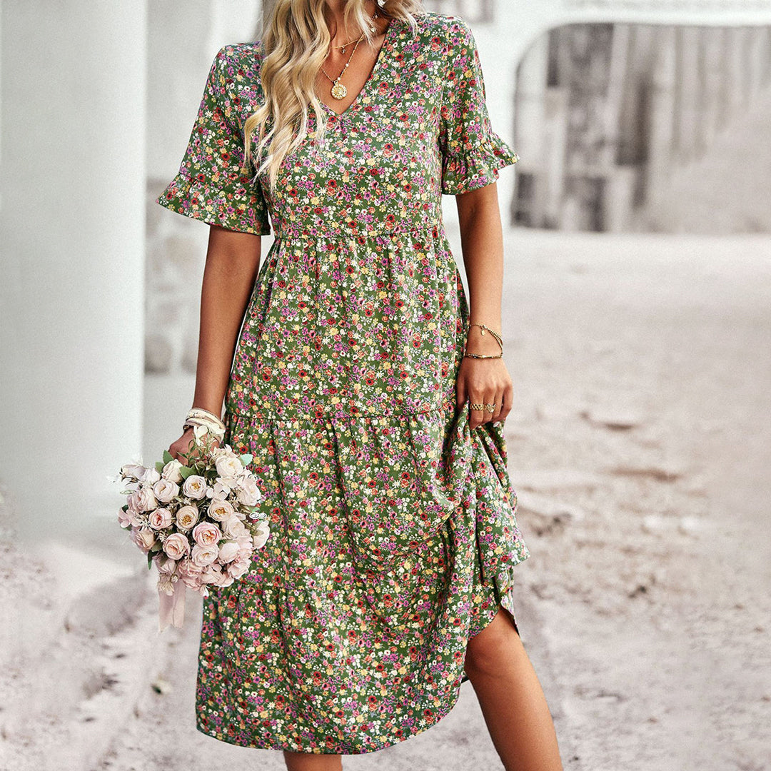 Lauren | Women's V-Neck Ruffle Sleeve Midi Dress - Seldom Seen Styles