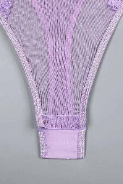 Lavender Lace Mesh Choker Strappy Thong Lingerie Sexy Bodysuit