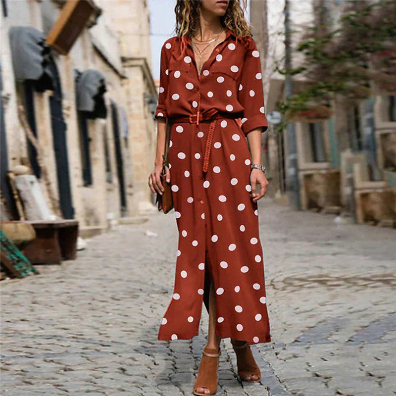 Stella | Women's Polka Dot Maxi Dress Long Sleeve Button-Down Shirt Dress - Seldom Seen Styles