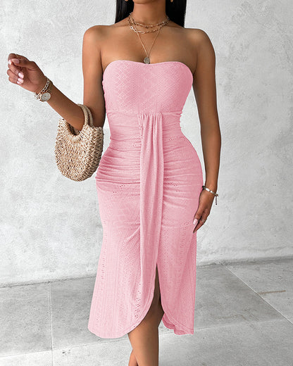 Sleeveless Ruched Cinched Waist Draped Bandeau Dress Eyelet Embroidery Slit Asymmetrical Hem Vacation Dress