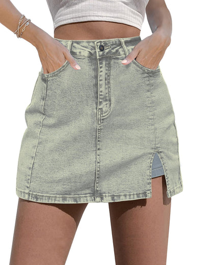 luvamia Skorts Skirts for Women Denim Mini Skirt Side Slit with High Waisted Jean Shorts Stretchy
