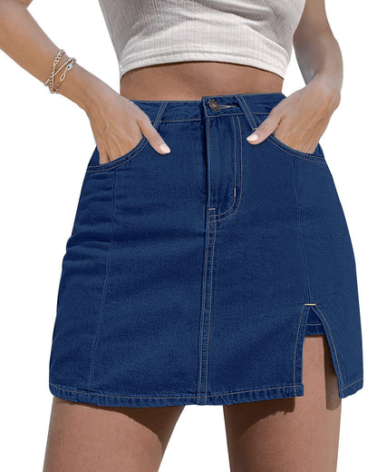 luvamia Skorts Skirts for Women Denim Mini Skirt Side Slit with High Waisted Jean Shorts Stretchy