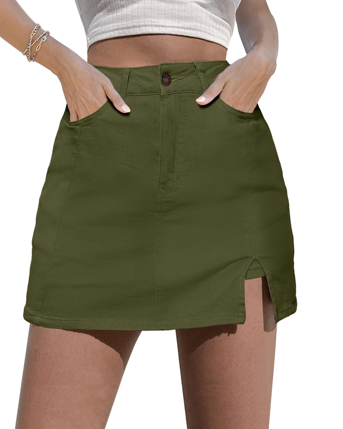 luvamia Skorts Skirts for Women Denim Mini Skirt Side Slit with High Waisted Jean Shorts Stretchy - Seldom Seen Styles