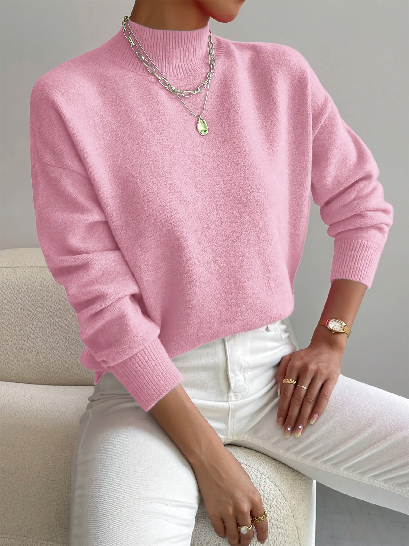 Soft Sweaters for Women, Half Turtleneck Pullover Long Sleeve Sweater, Solid Color Drop Shoulder Loose Knitted Top