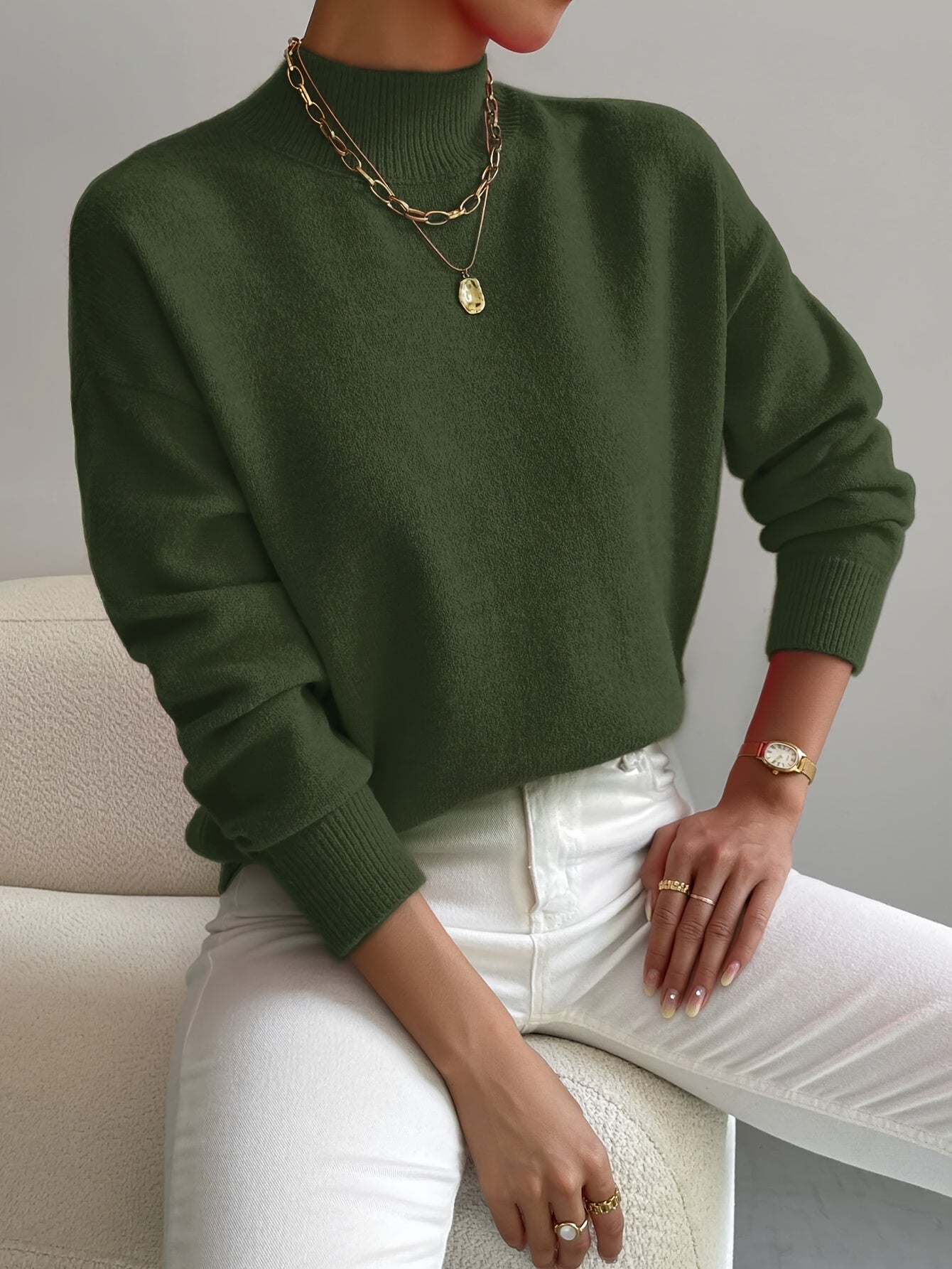 Soft Sweaters for Women, Half Turtleneck Pullover Long Sleeve Sweater, Solid Color Drop Shoulder Loose Knitted Top