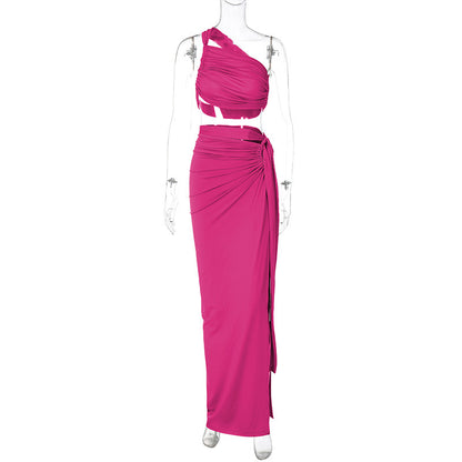 Maxikleid mit Schlitz, One-Shoulder-Kleid, zweiteiliges Rockset, sexy rotes One-Shoulder-Kleid