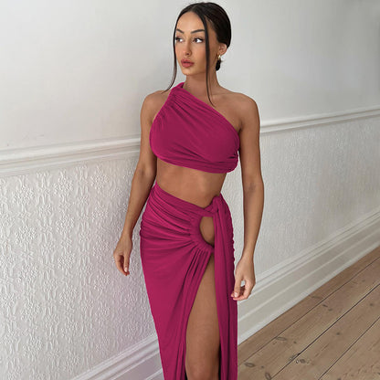Maxikleid mit Schlitz, One-Shoulder-Kleid, zweiteiliges Rockset, sexy rotes One-Shoulder-Kleid