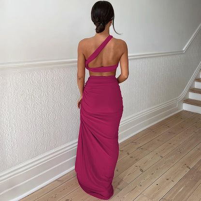 Maxikleid mit Schlitz, One-Shoulder-Kleid, zweiteiliges Rockset, sexy rotes One-Shoulder-Kleid
