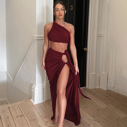 Maxikleid mit Schlitz, One-Shoulder-Kleid, zweiteiliges Rockset, sexy rotes One-Shoulder-Kleid