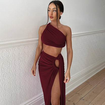 Maxikleid mit Schlitz, One-Shoulder-Kleid, zweiteiliges Rockset, sexy rotes One-Shoulder-Kleid