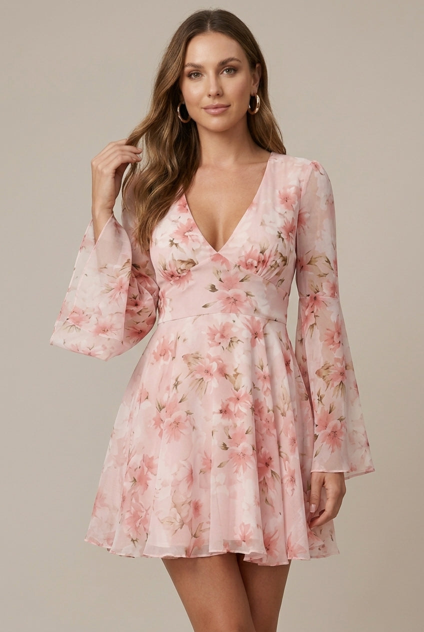 Women's Floral V-Neck Bell Sleeve Fit and Flare Mini Dress - Seldom Seen Styles