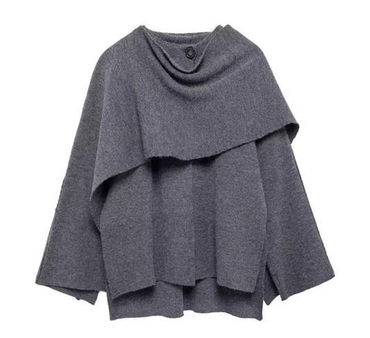 MIRAE – Elegante Cape‑Jacke für Damen in grauem Stoff mit modernem Design und fließender Silhouette.