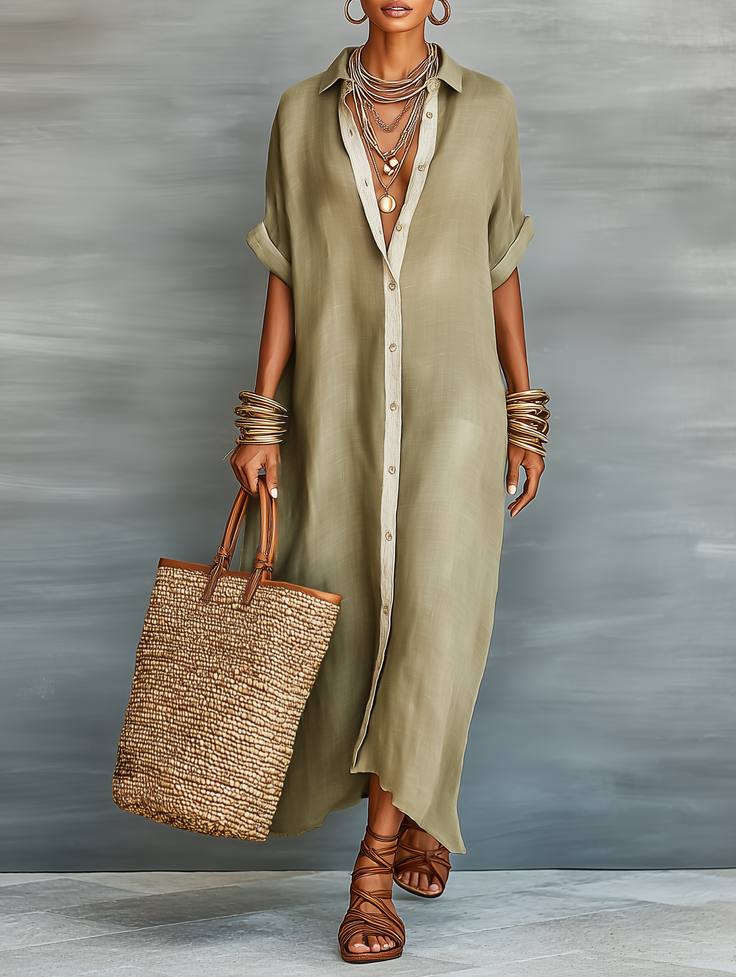 Women's Minimalist Linen Blend Short-sleeved Shirt Maxi Dress MDZ0647A2Y - Seldom Seen Styles