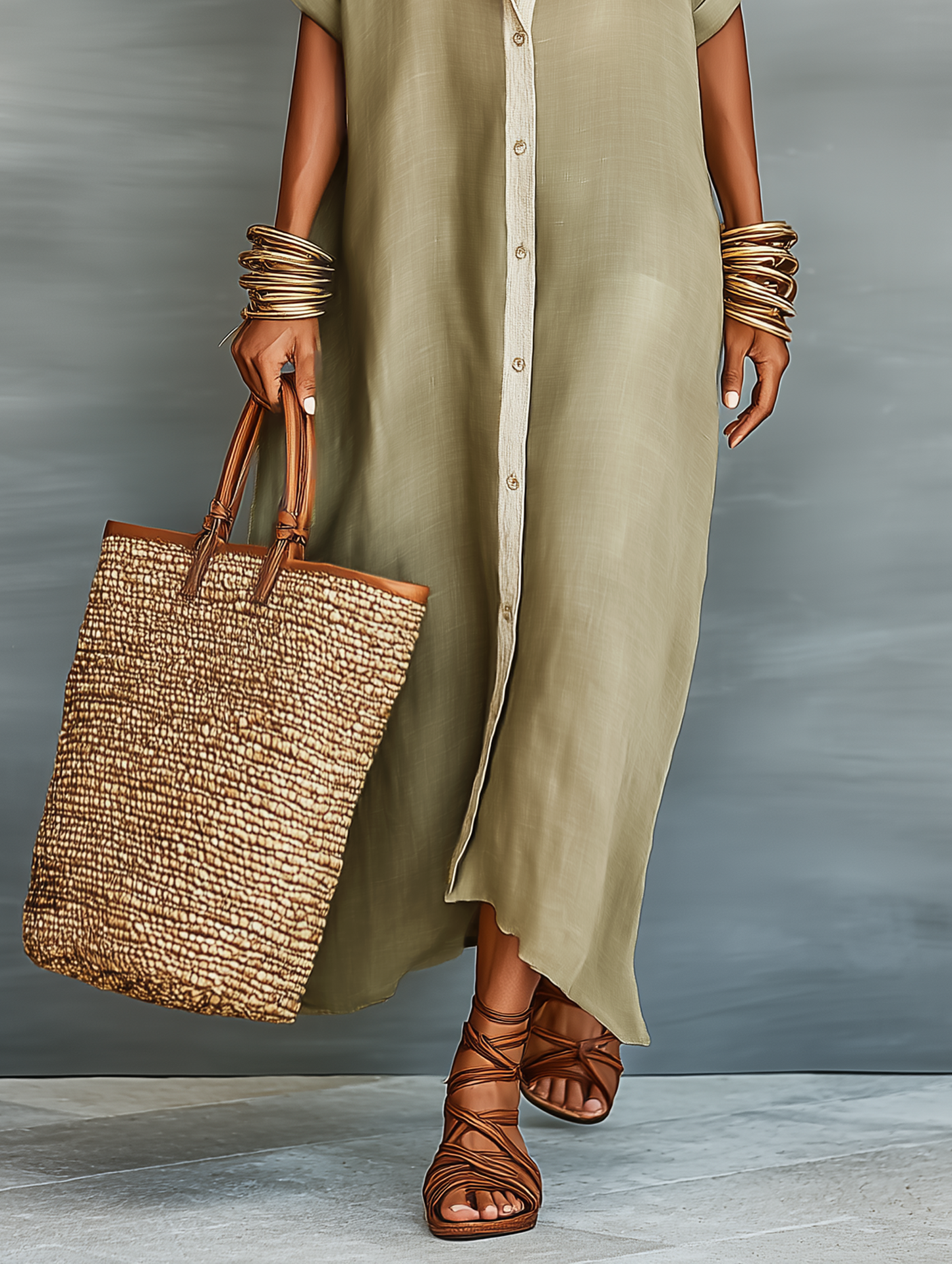 Women's Minimalist Linen Blend Short-sleeved Shirt Maxi Dress MDZ0647A2Y - Seldom Seen Styles