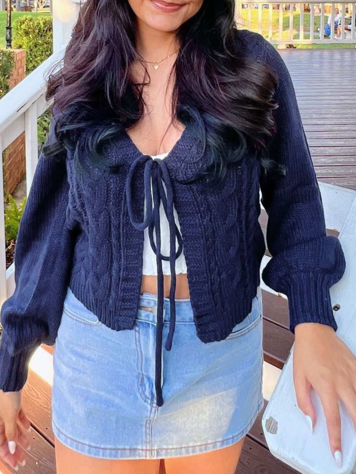 Women's Solid Drop Shoulder Tie Front Blue Cardigan,Comfort Basic Minimalist Fashion Casual Long Sleeve V Neck Knitwear for Fall & Winter, Lady Knitting Fabric Tops,Women Clothing for Daily Outdoor Wear, Womenswear - Seldom Seen Styles