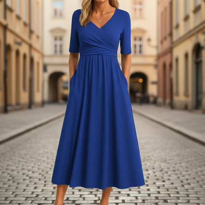 Midi Dress V Neck Wrap Short Sleeve Empire Waist Womens