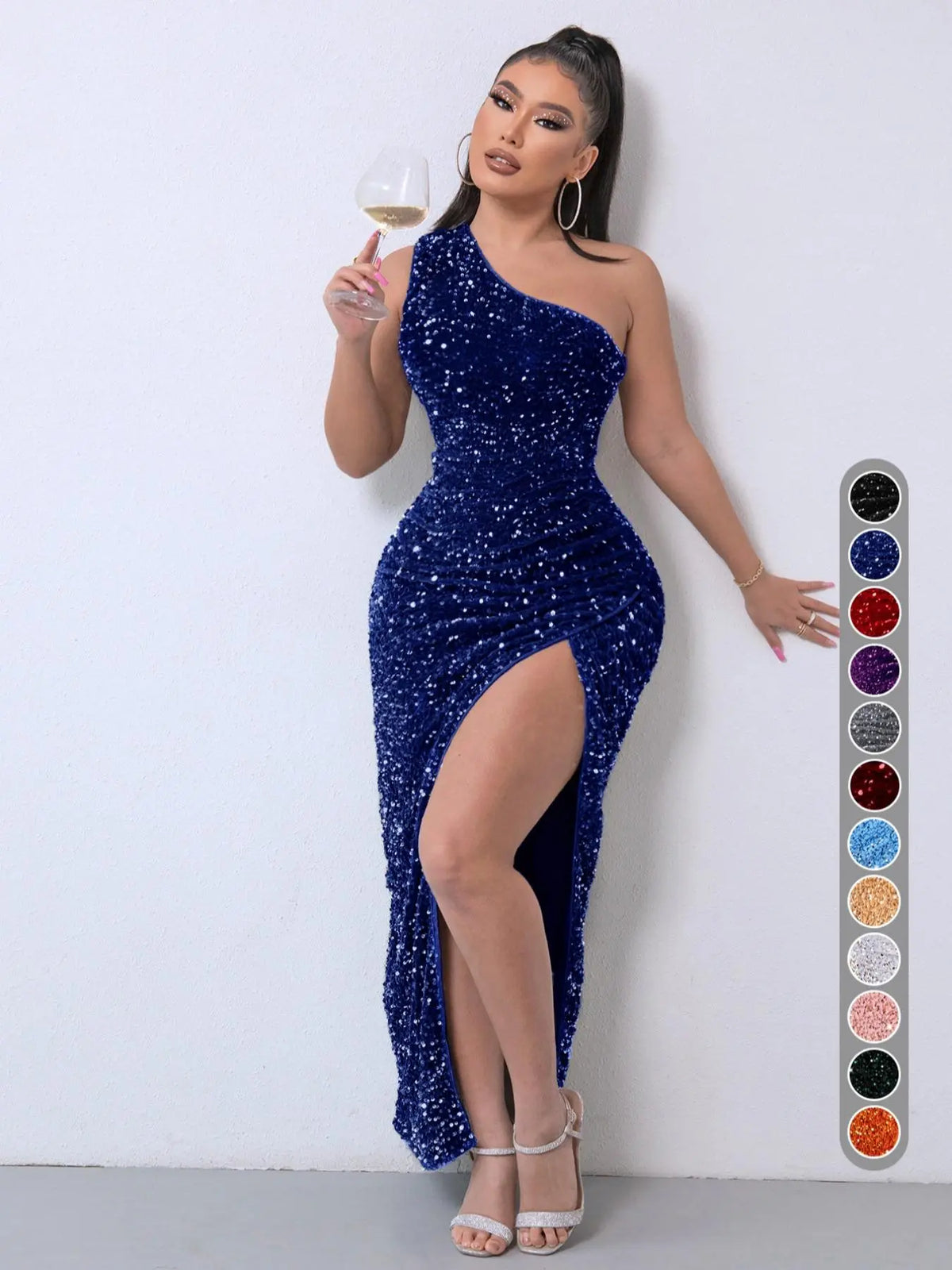 Women's Glitter Sequin One Shoulder Ruched Split Thigh Bodycon Dress, Elegant Sleeveless Bodycon, Embellished Dress, Summer Dresses 2024, Elegant Chic Party Outfit, Sparkly Long Evening Gown, Lady Formal Wear, Y2K Clothing, Halloween, Gift - Seldom Seen Styles