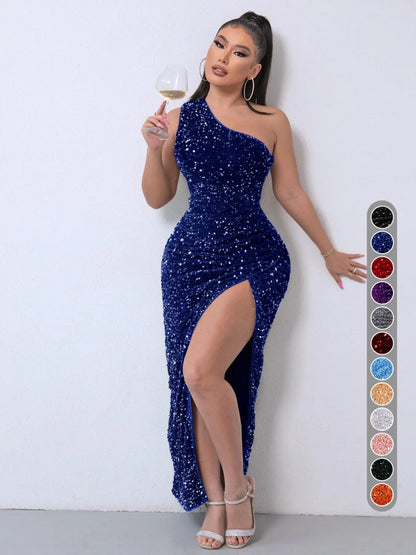 Women's Glitter Sequin One Shoulder Ruched Split Thigh Bodycon Dress, Elegant Sleeveless Bodycon, Embellished Dress, Summer Dresses 2024, Elegant Chic Party Outfit, Sparkly Long Evening Gown, Lady Formal Wear, Y2K Clothing, Halloween, Gift
